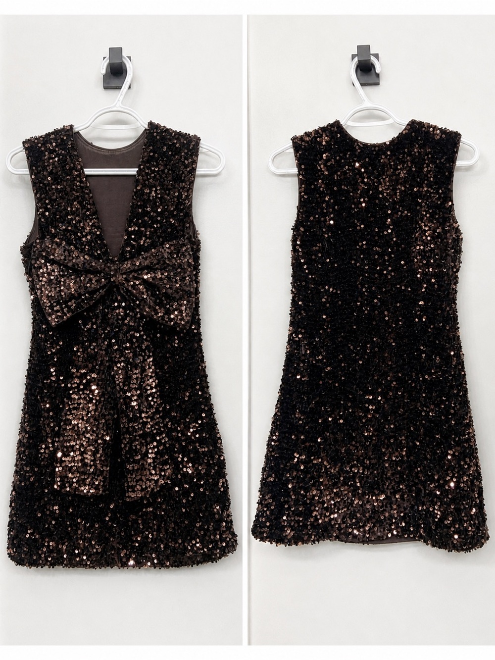 Girls Sequin Bow Party Dress - Dark Brown